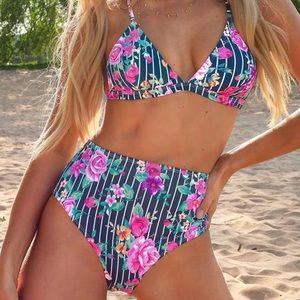 Floral And Striped High Waisted Bikini